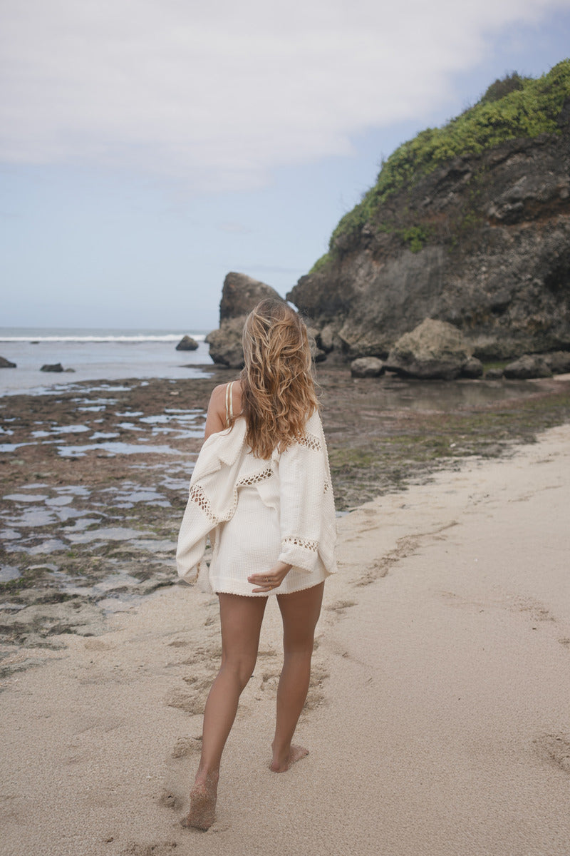 Womens cream cotton shirt with crochet panelling