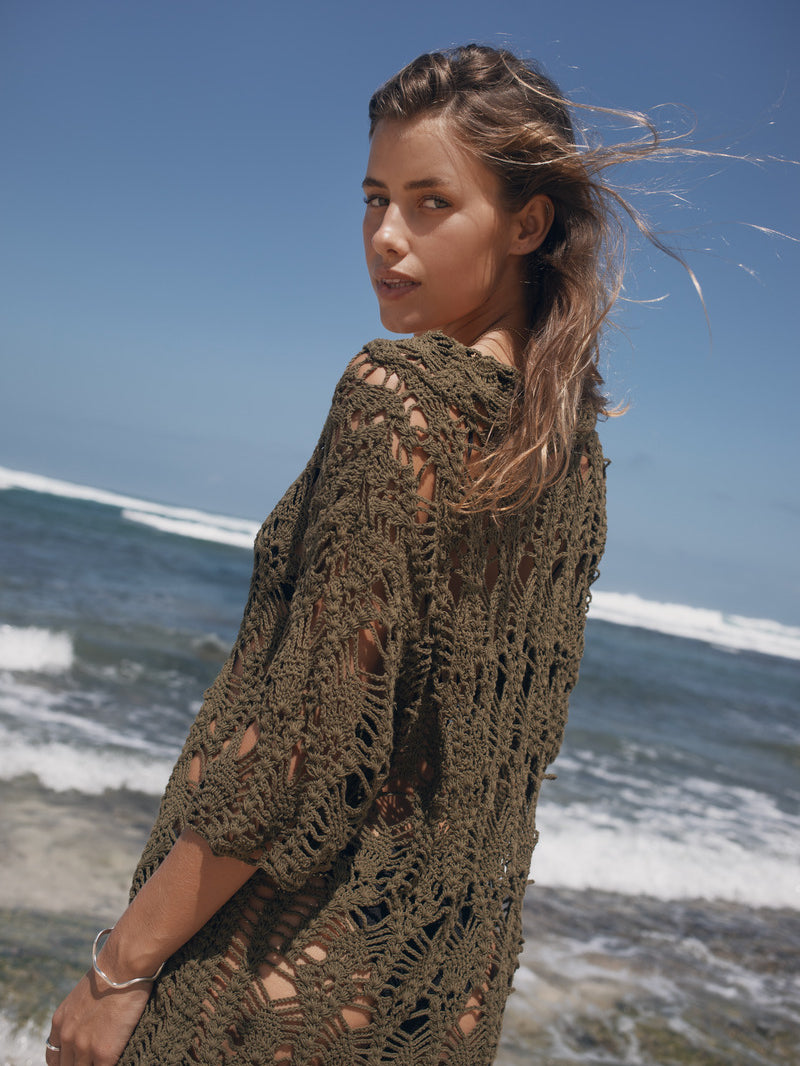 Khaki green cotton crochet mini dress