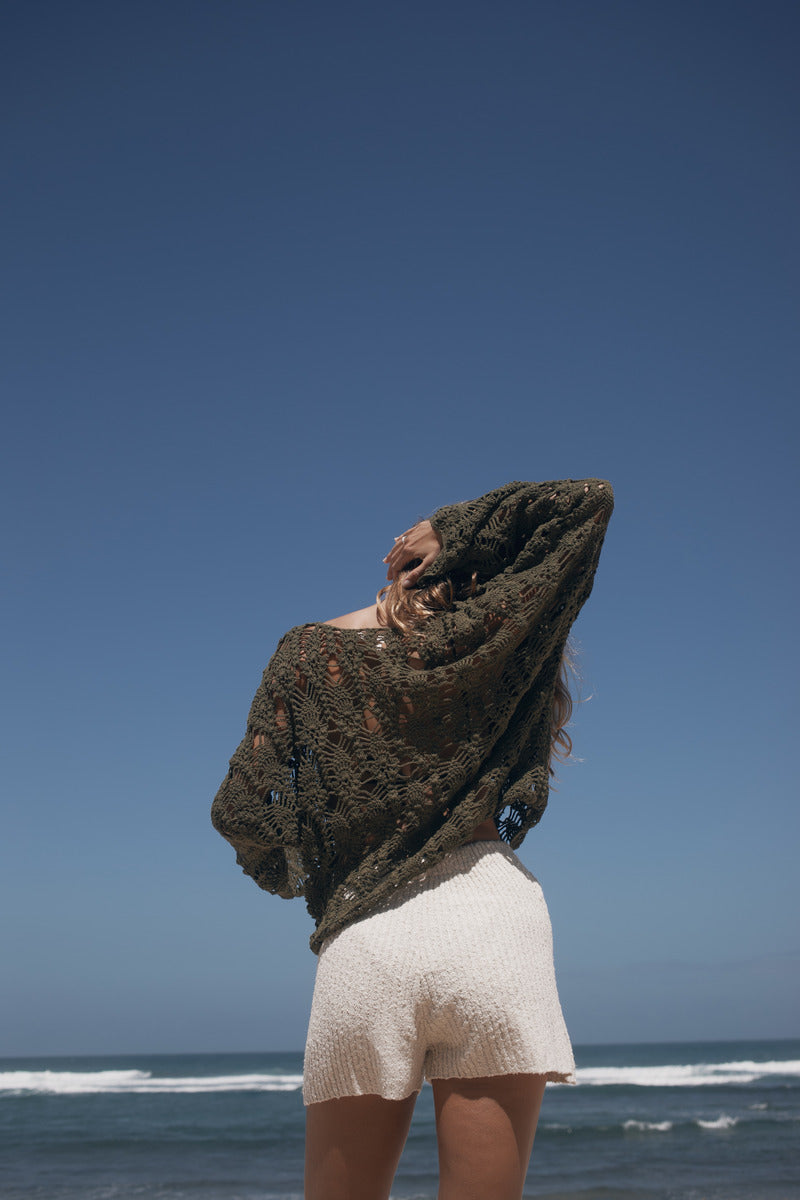 Olive cotton crochet top back view