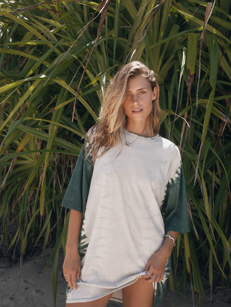 Model wearing cotton hemp tie dye tee shirt mini dress