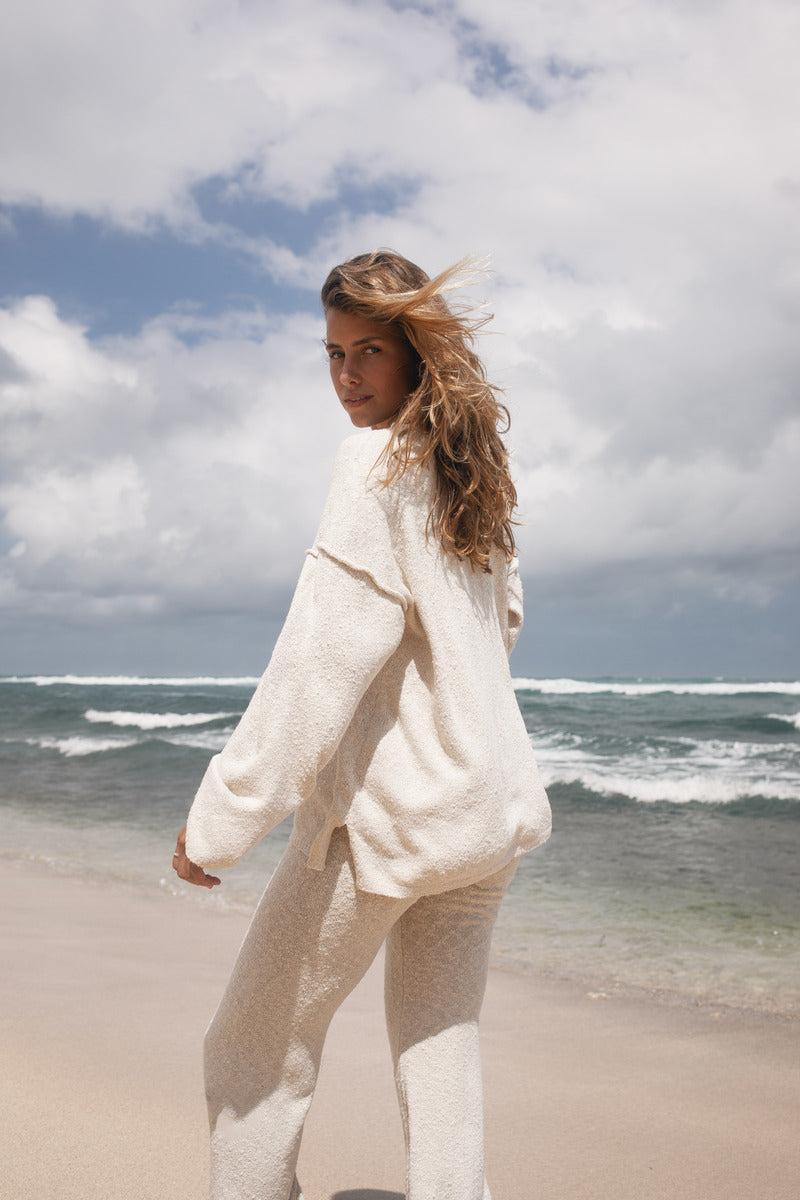 cream cotton textured knitwear pant and top set