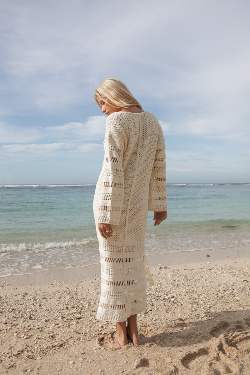 Womens cream cotton knit dress back view