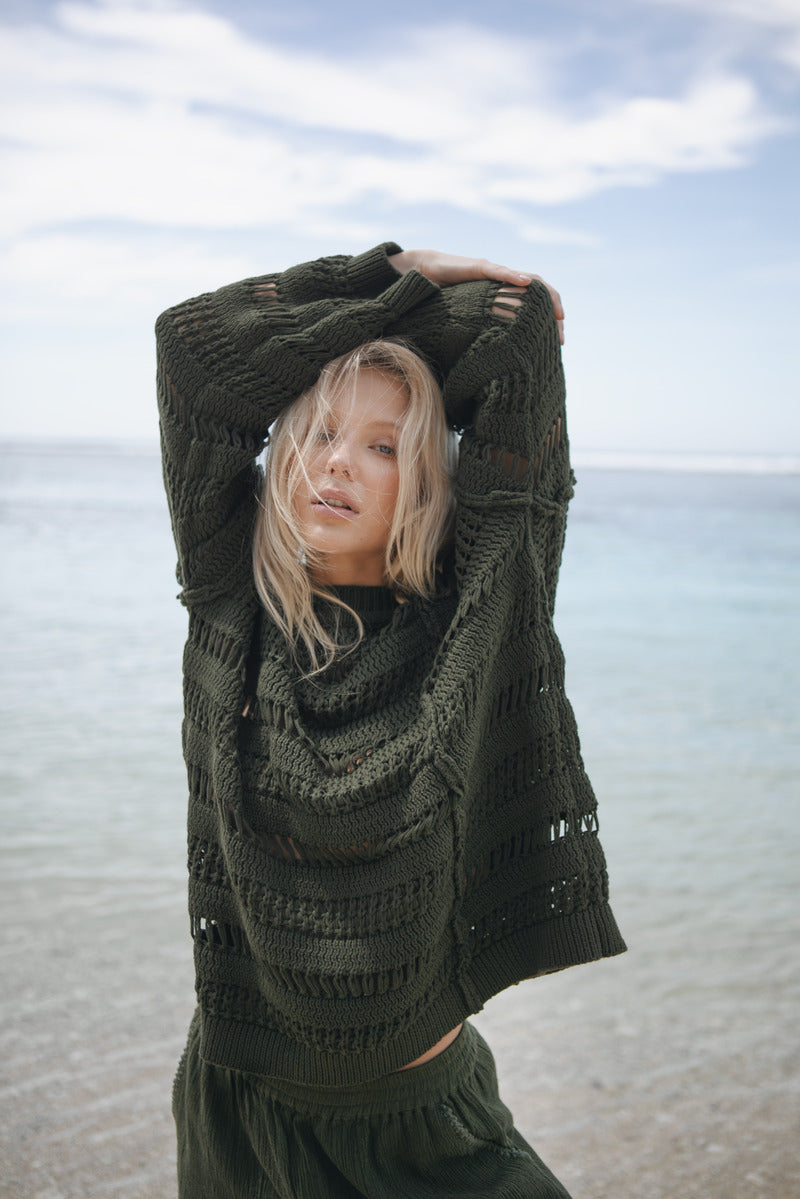 Womens olive cotton knit jumper
