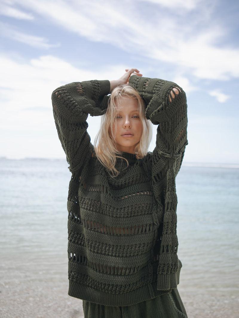 Womens olive cotton knit jumper front view