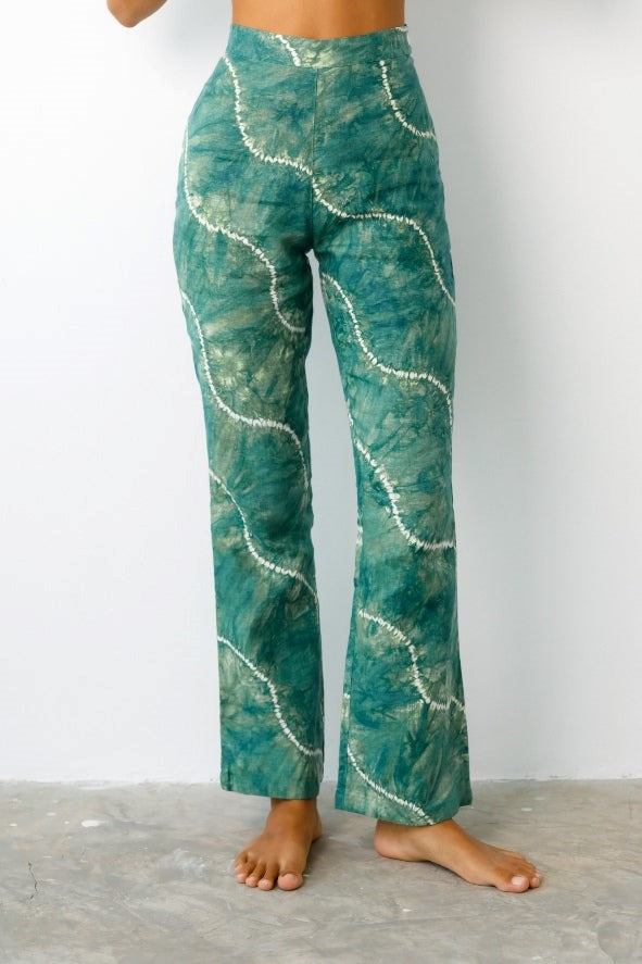 front view of green tie dye pant
