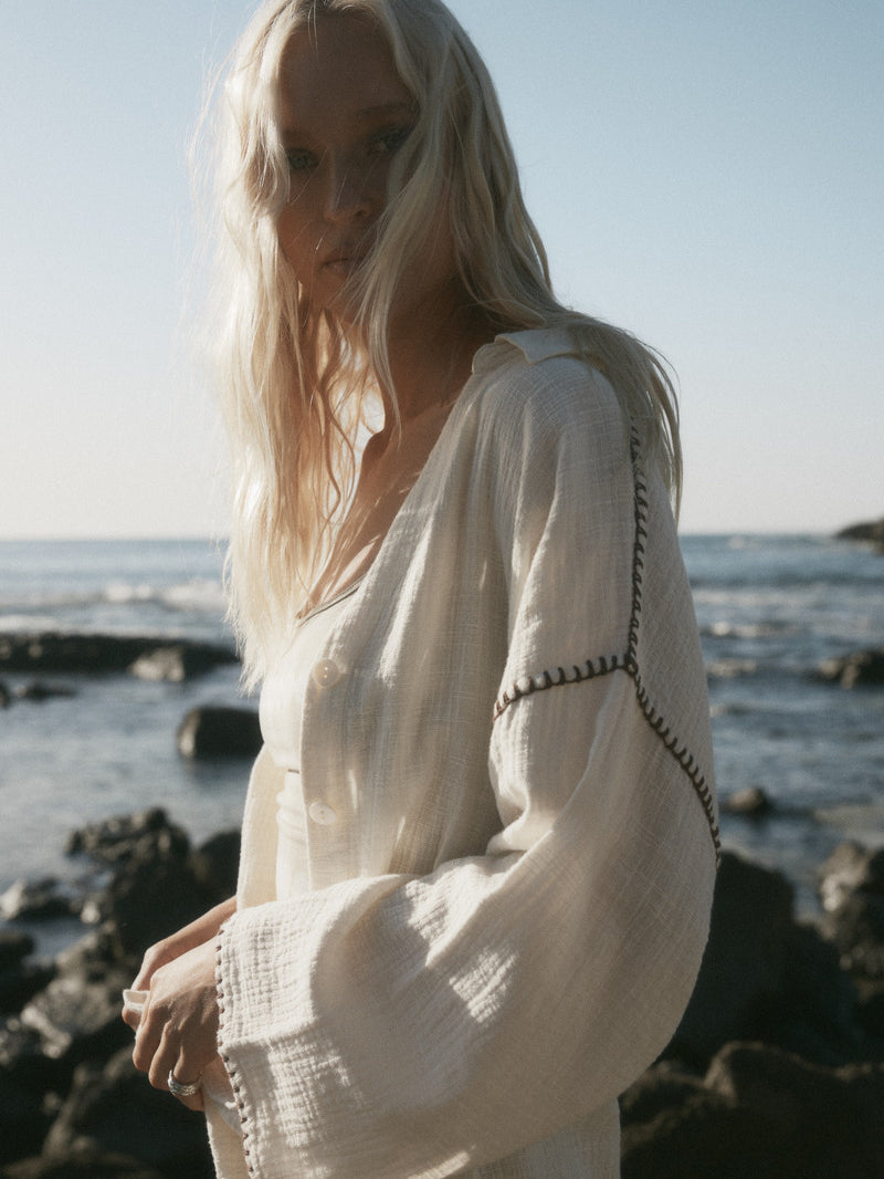 womens cotton cream shirt with contrast stitch side view