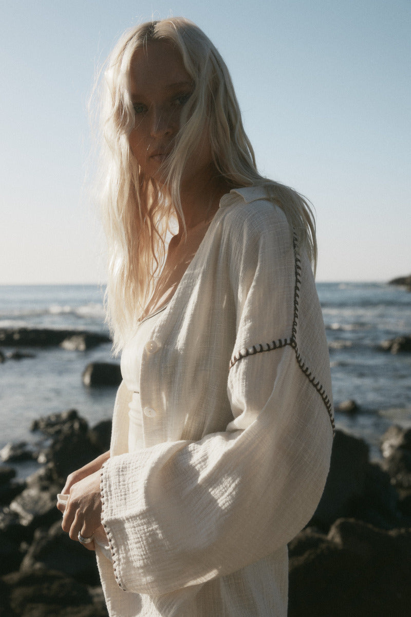 womens cotton cream shirt with contrast stitch side view