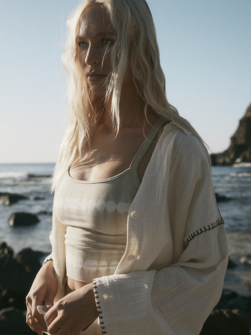 womens cotton cream shirt with contrast stitch and bralette front view