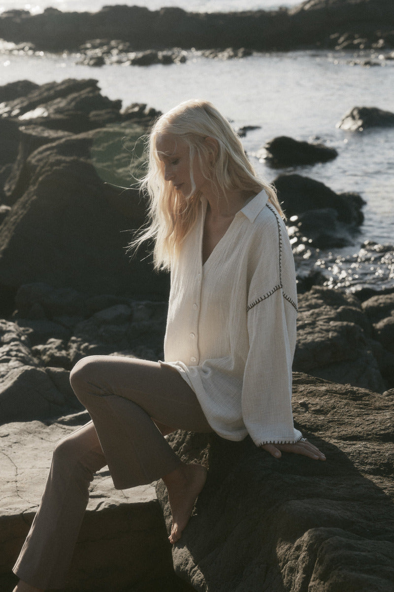 womens cotton cream shirt with contrast stitch front view