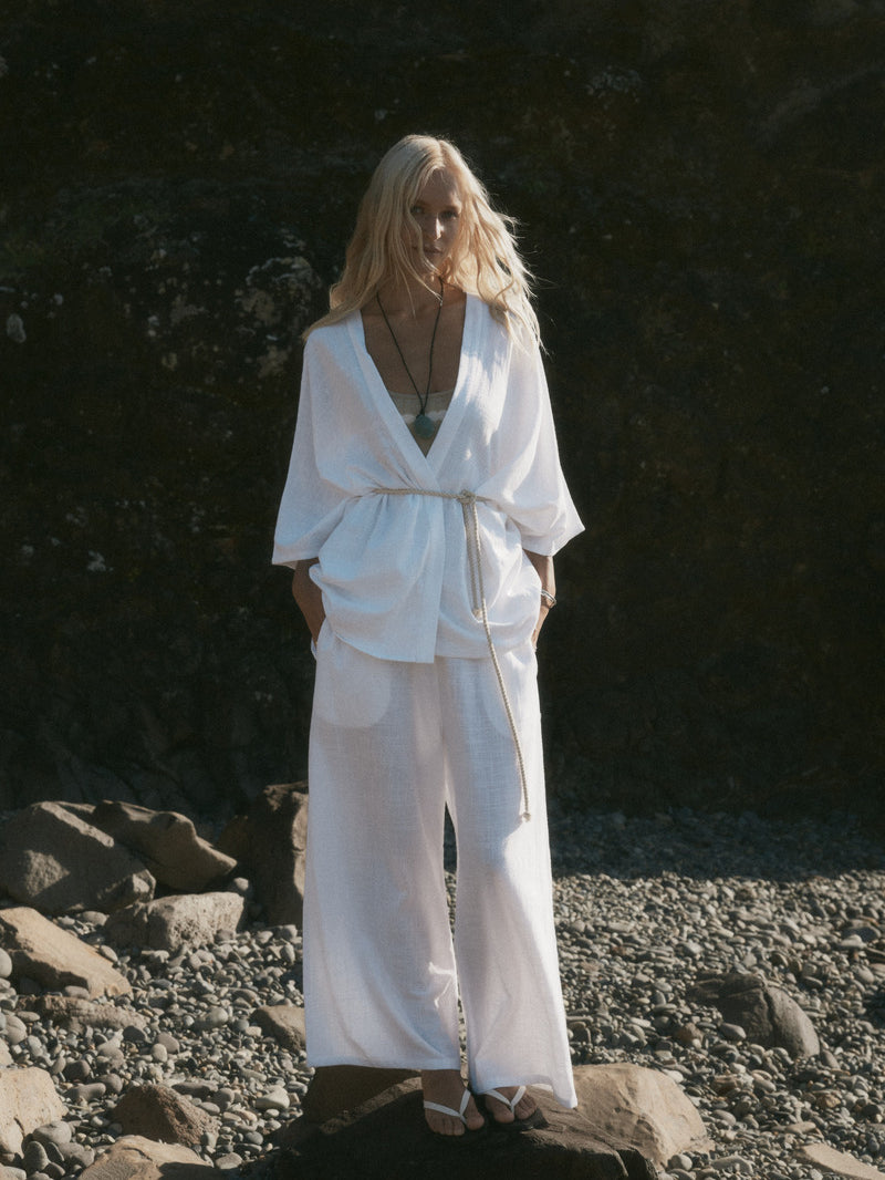 womens white cotton palazzo pant front view