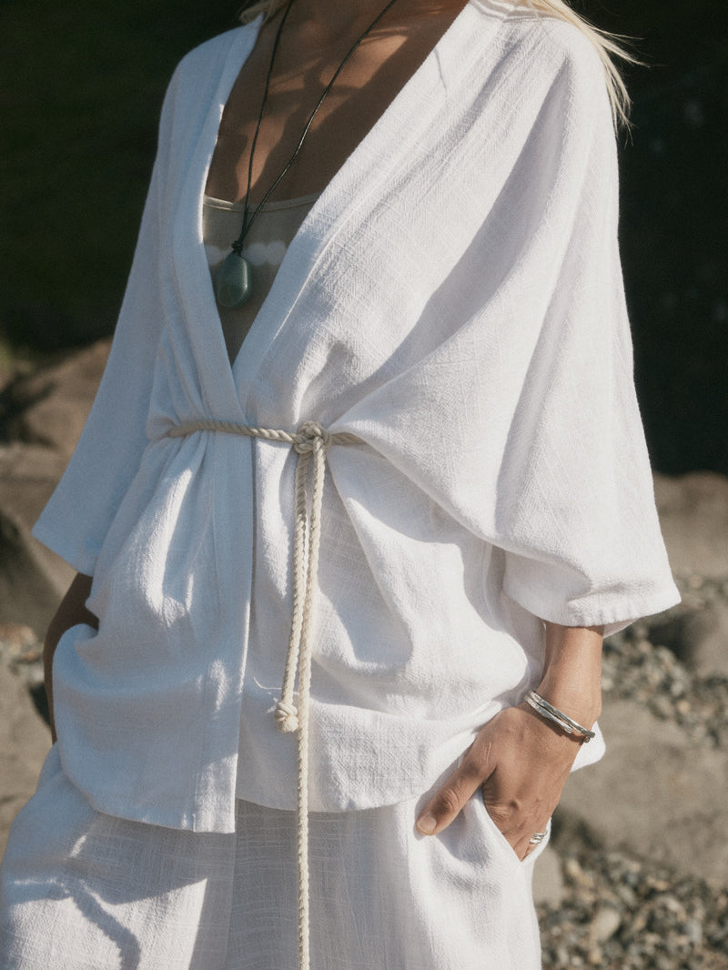 womens white cotton kimono with belt front view