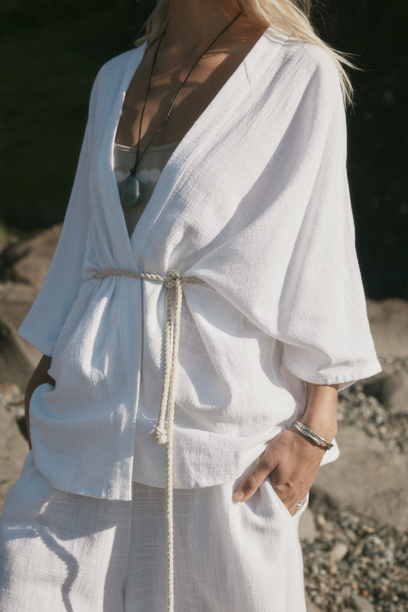 womens white cotton kimono with belt front view