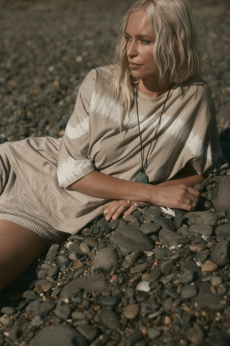 womens taupe cotton hemp tie dye tee front view
