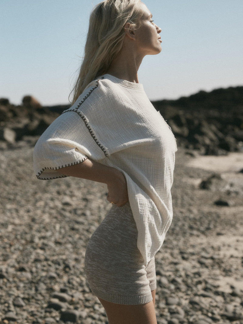 womens cotton cream top with knit short side view