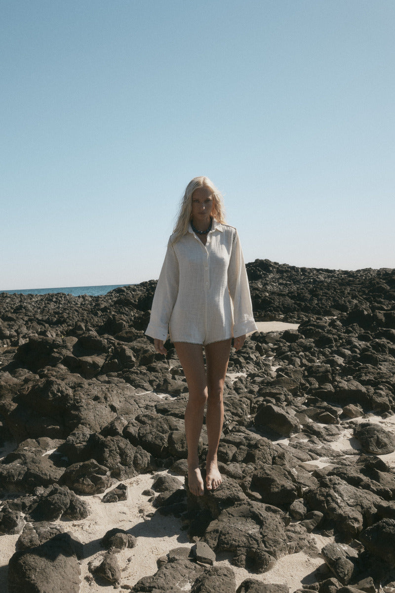 womens cotton cream jumpsuit with contrast stitch long view