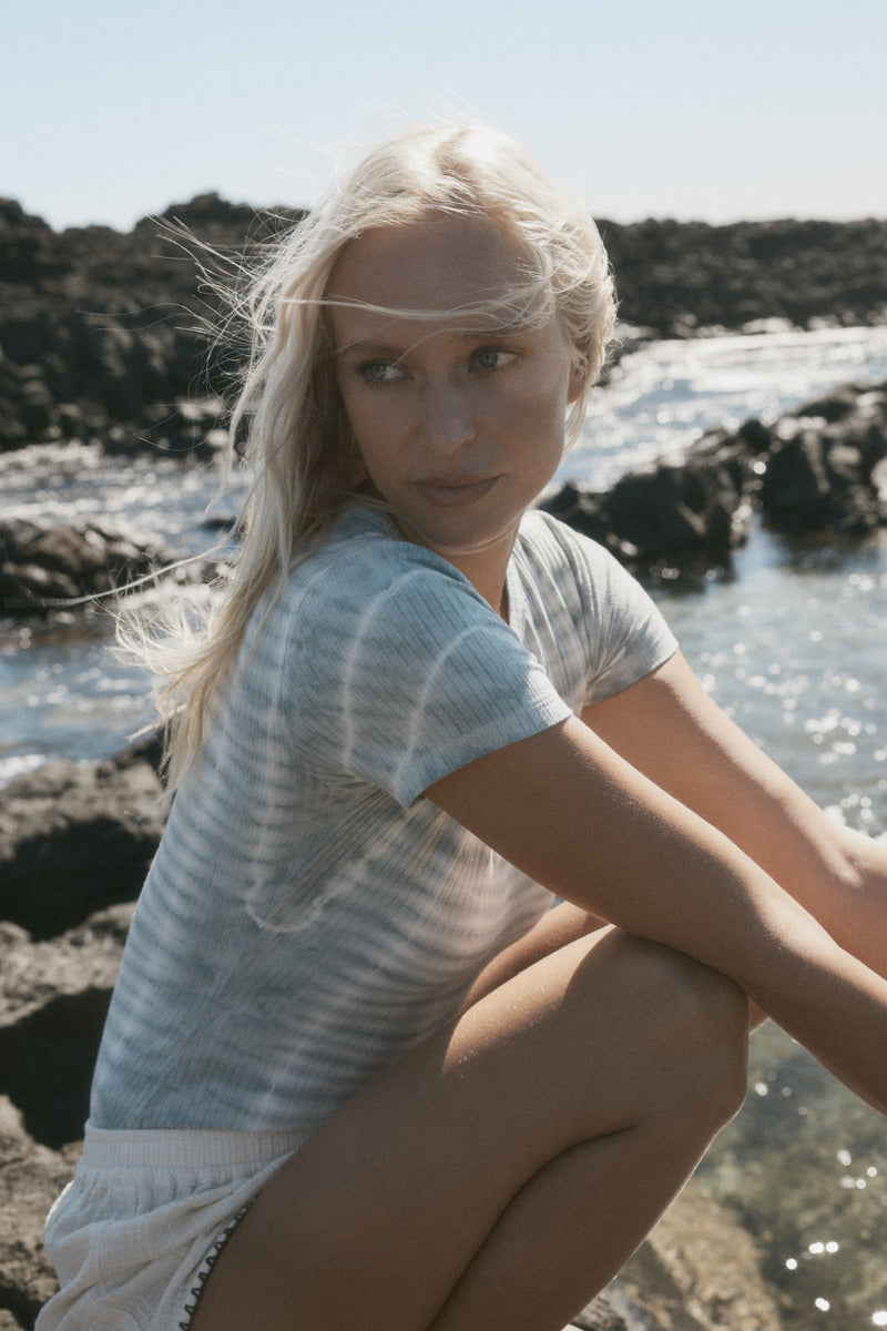 womens cotton spandex tie dye baby blue bodysuit