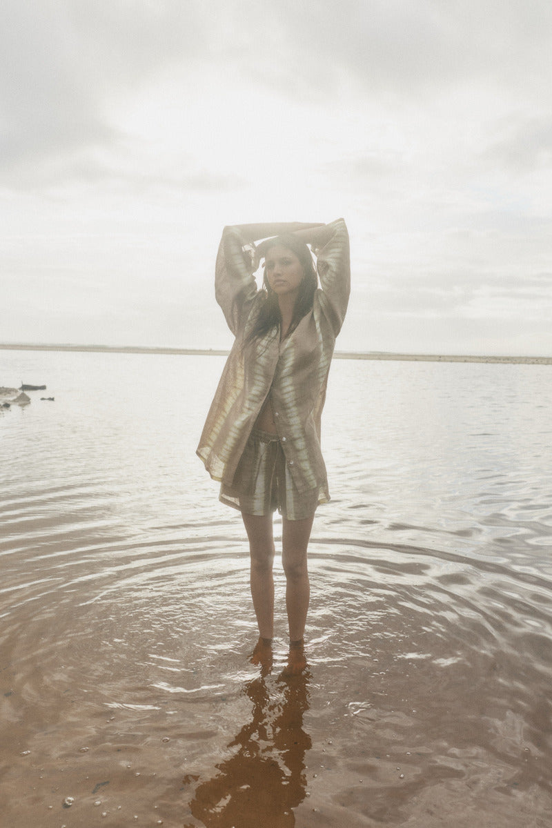 womens linen taupe tie dye shirt front view