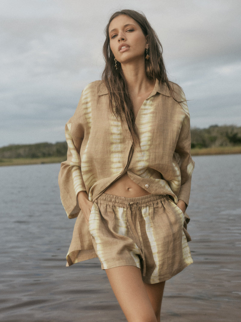 womens linen taupe tie dye shirt front view