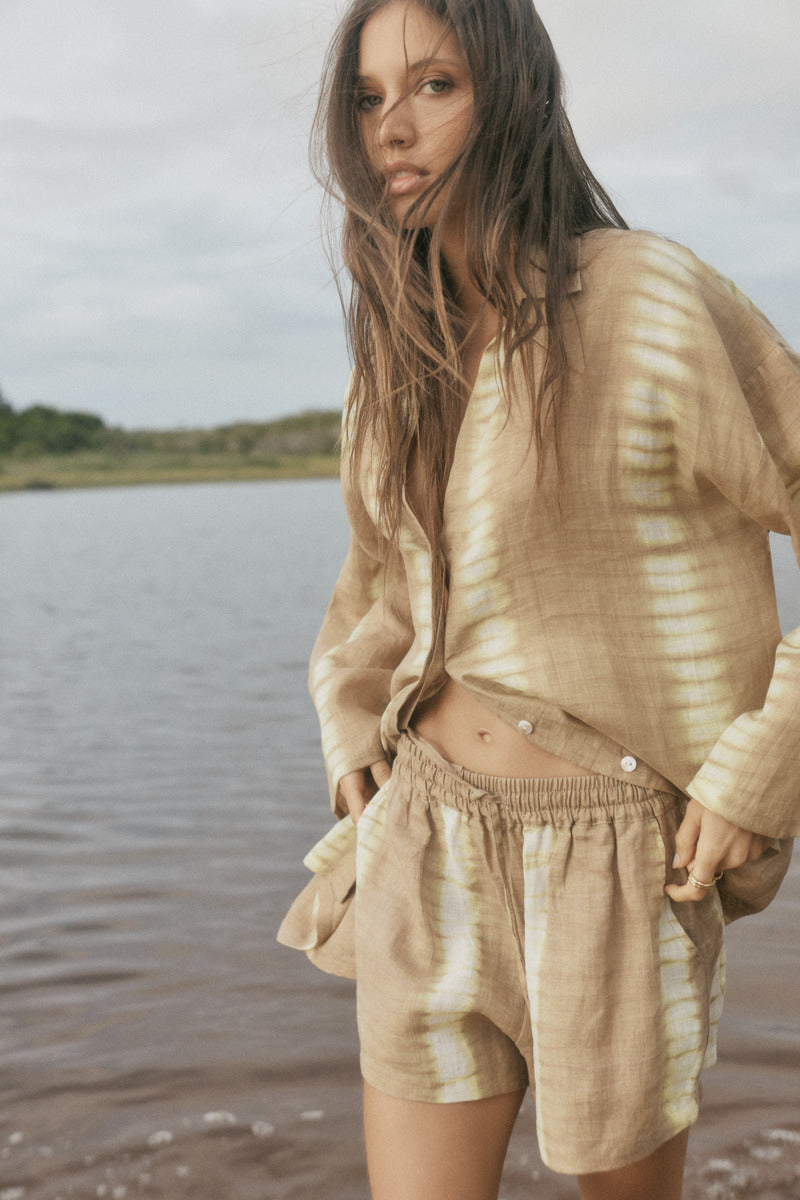 womens linen taupe tie dye shirt front view