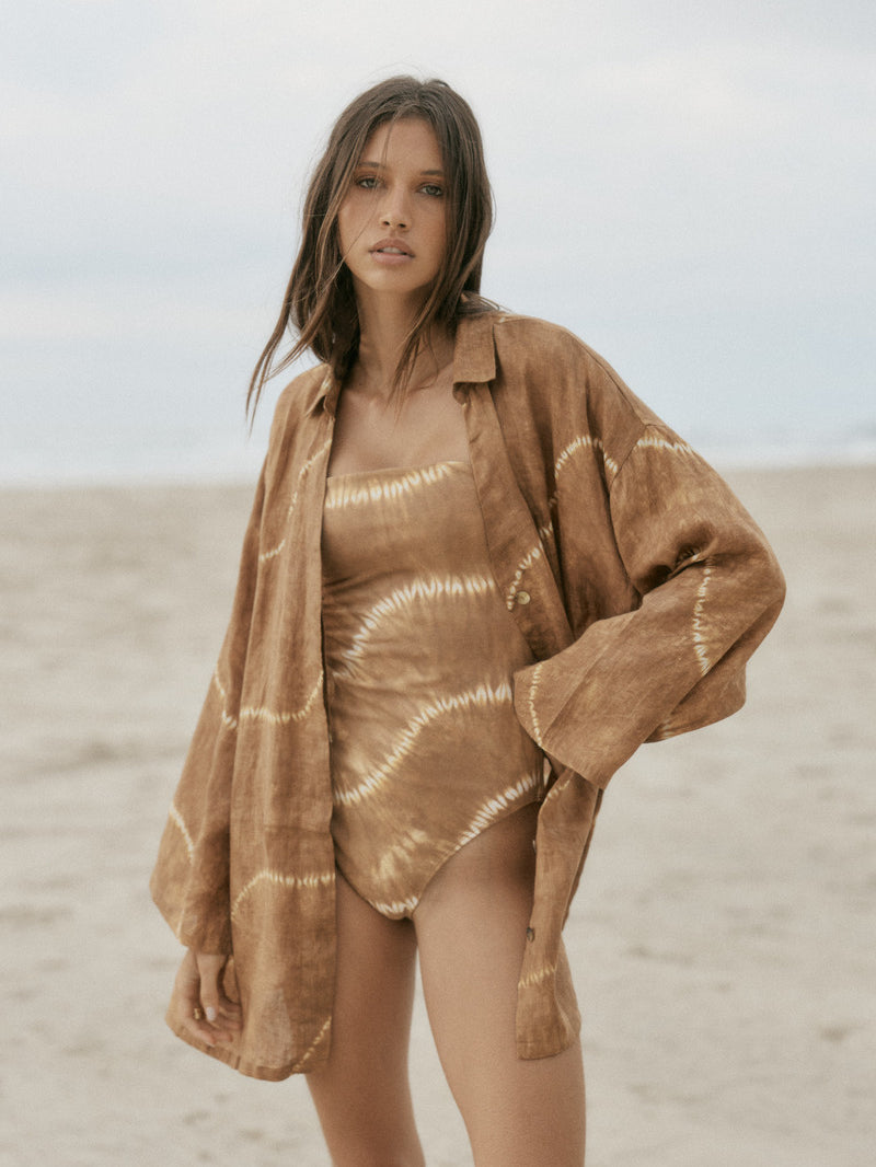 womens tan tie dye bodysuit front view