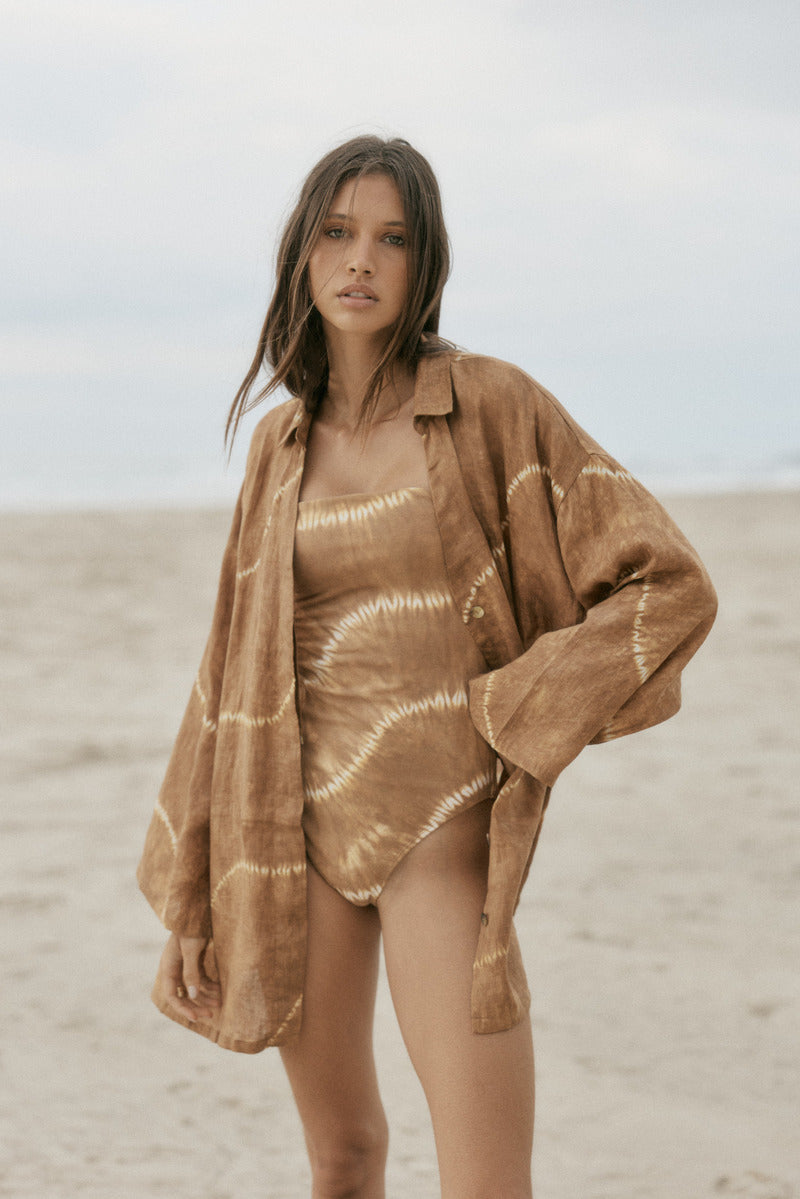 womens tan tie dye bodysuit front view