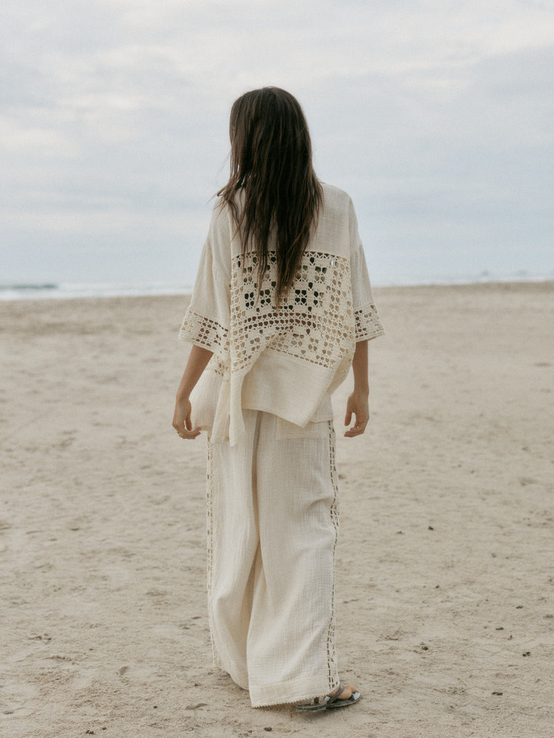 womens cream cotton crochet set back view