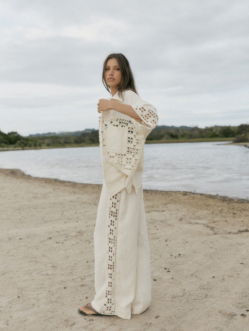womens cream cotton crochet set side vuew