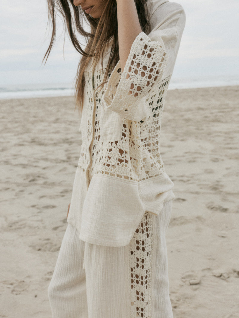 womens cream cotton crochet set close up