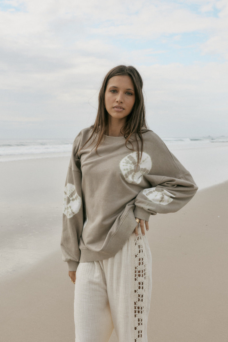 Cotton tie dye taupe jumper front view