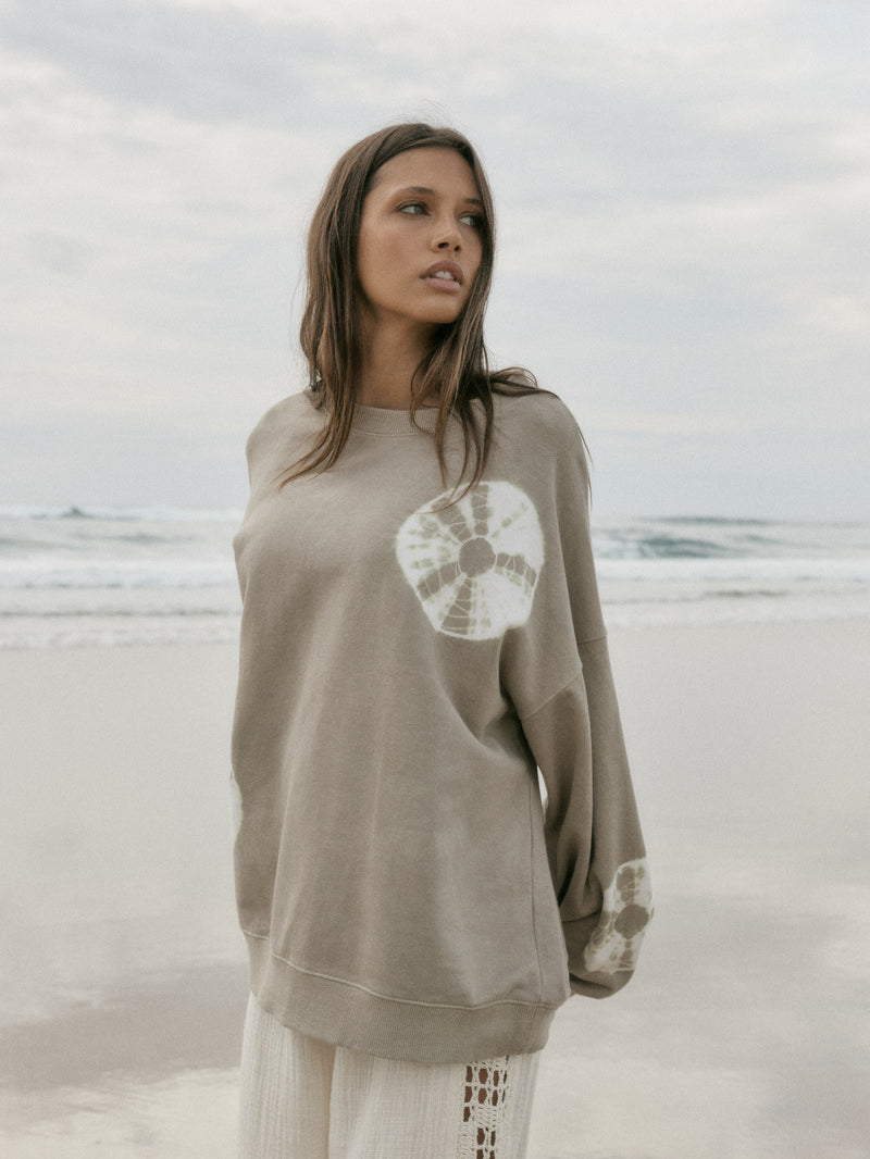 Cotton tie dye taupe jumper front view