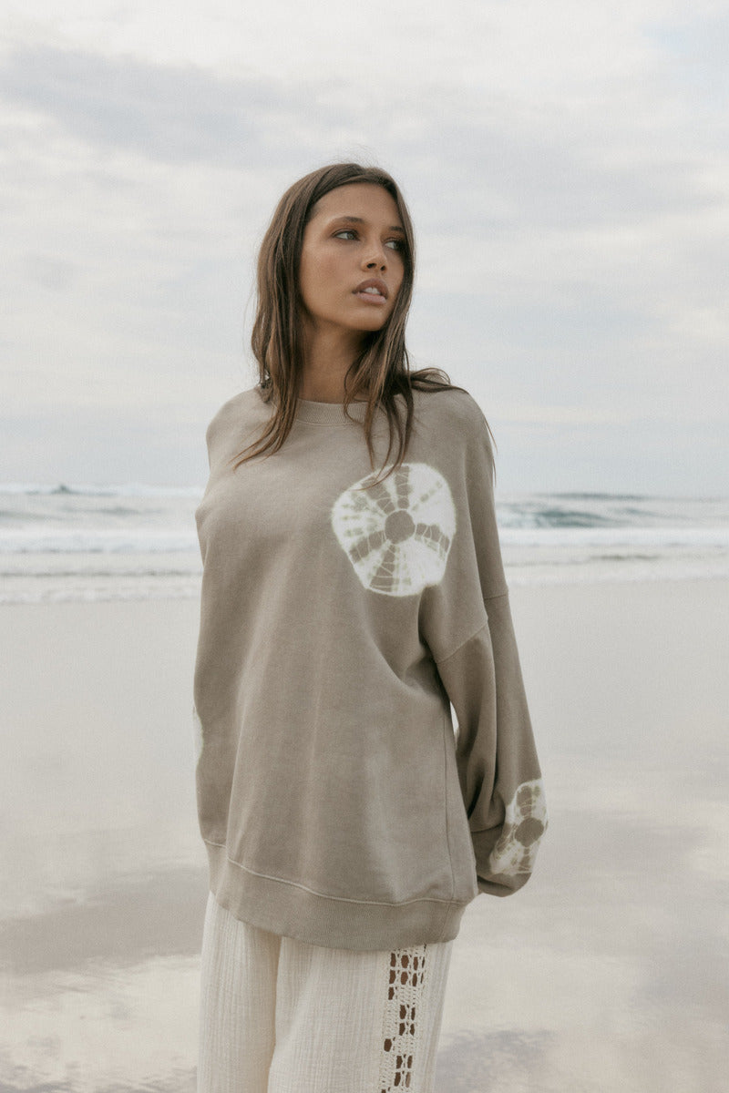 Cotton tie dye taupe jumper front view