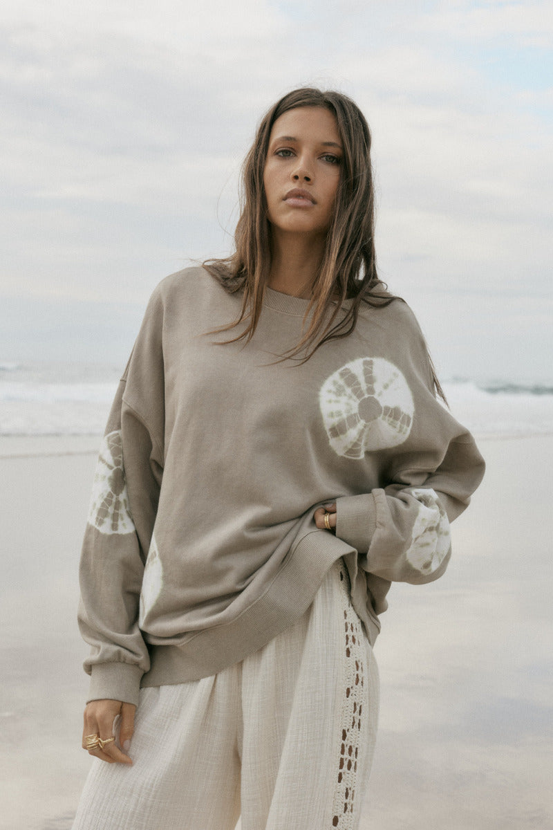 Cotton tie dye taupe jumper front view