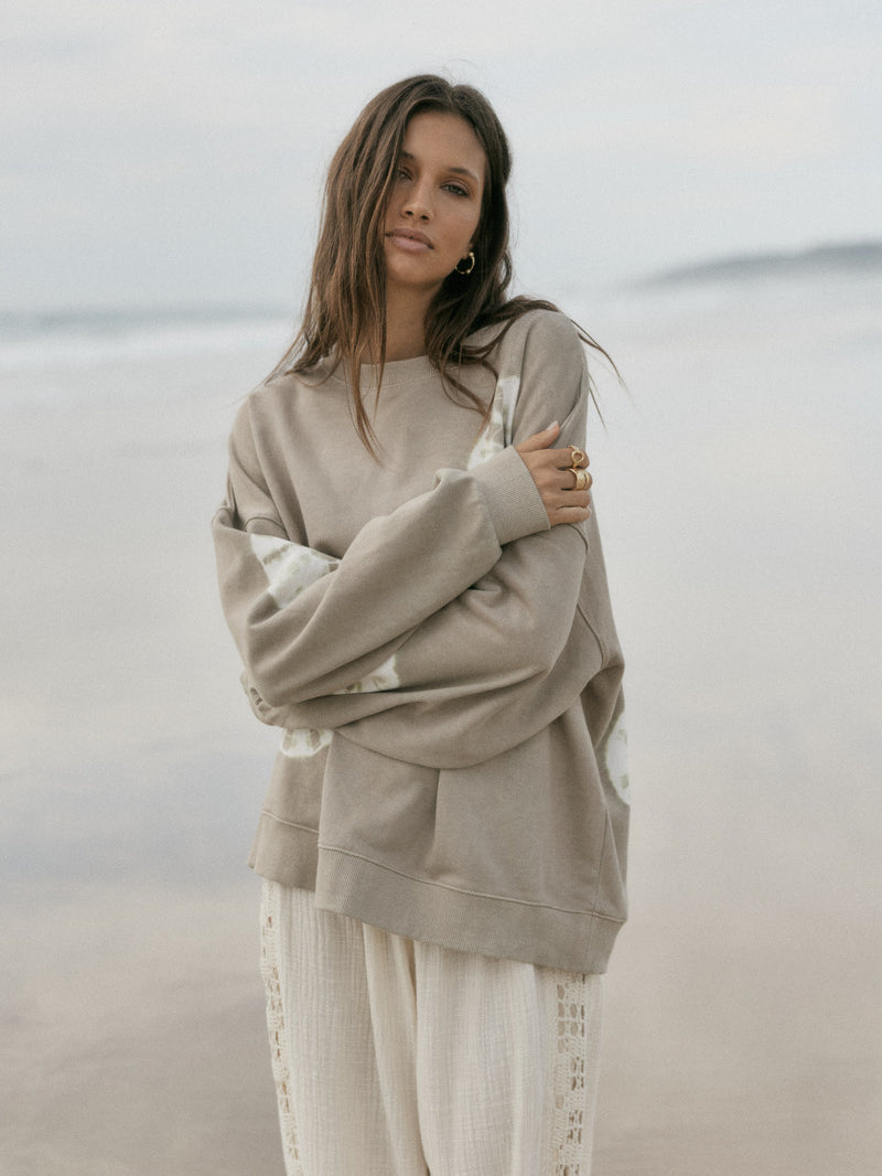 Cotton tie dye taupe jumper front view