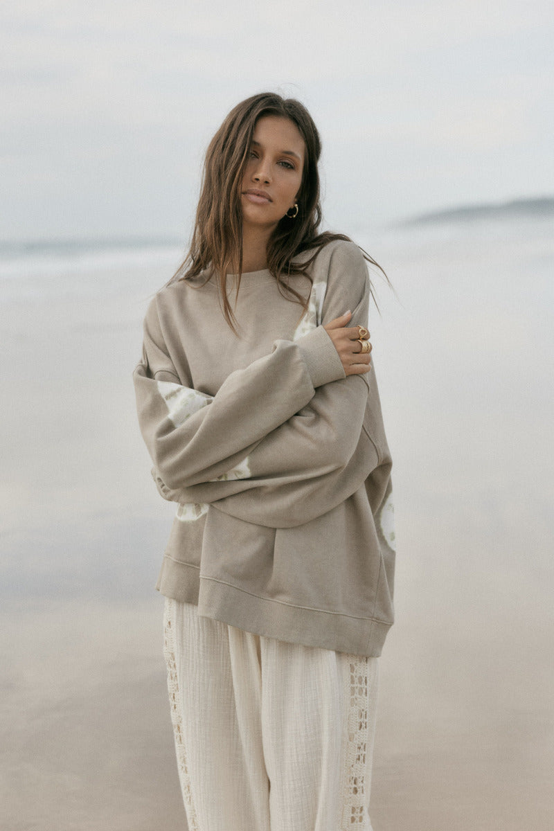 Cotton tie dye taupe jumper front view