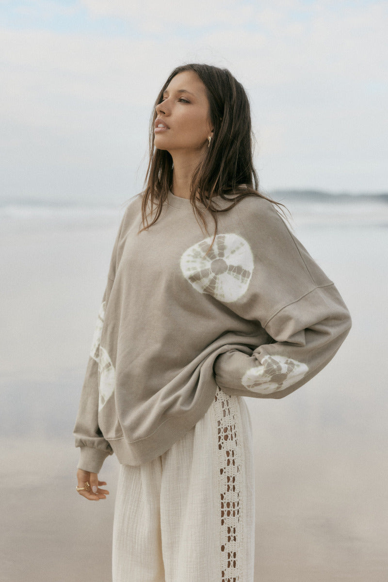 Cotton tie dye taupe jumper front view