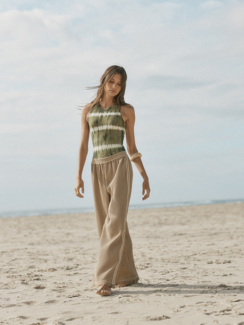 womens taupe cotton waffle pant with side stripe