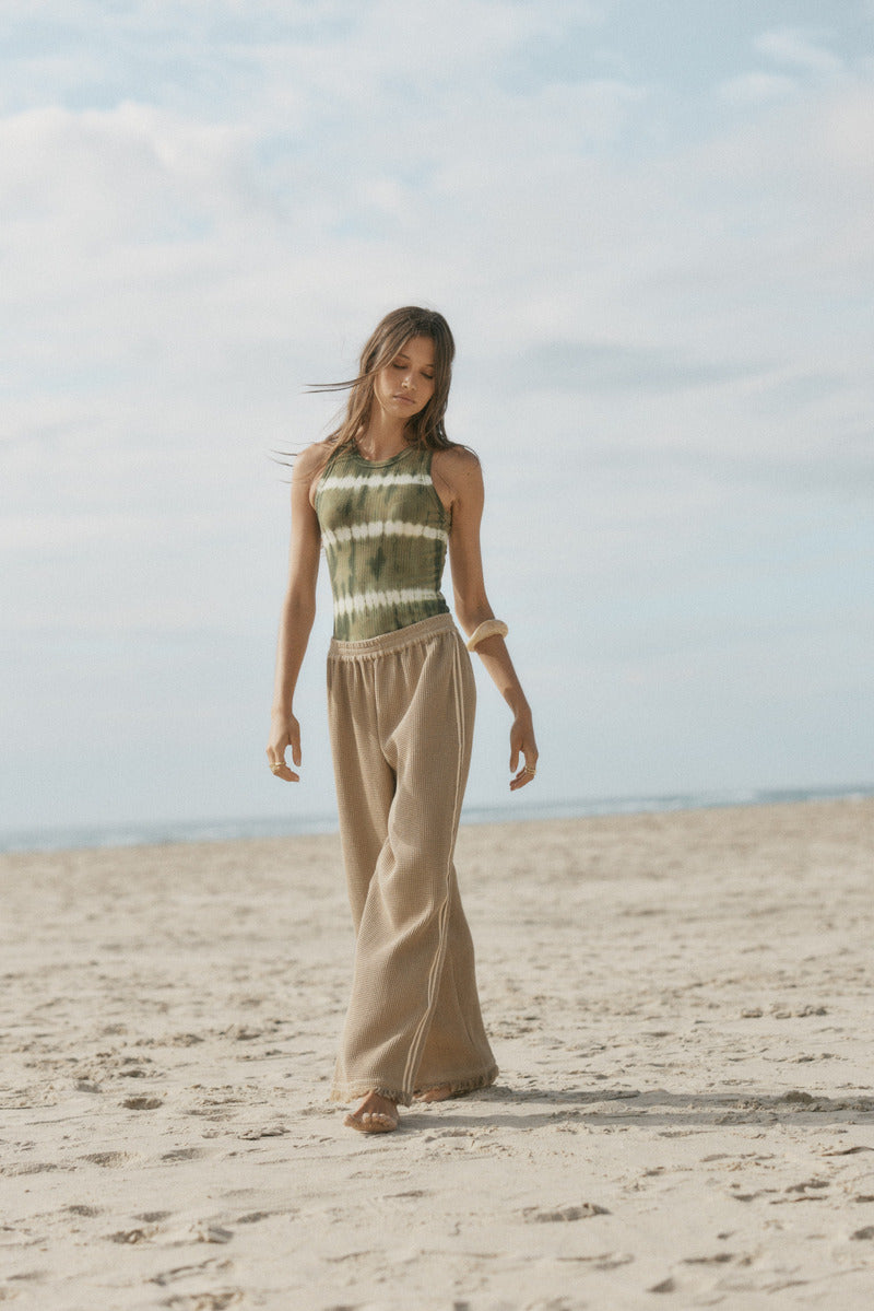 womens taupe cotton waffle pant with side stripe