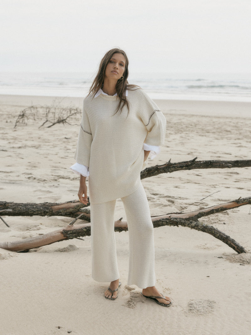 womens cotton cream knit pant and top set front view