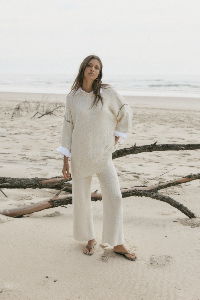 womens cotton cream knit pant and top set front view