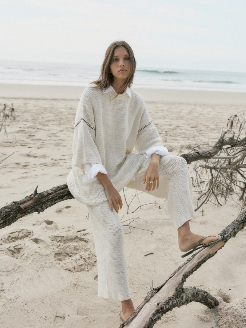 womens cotton cream knit pant front view