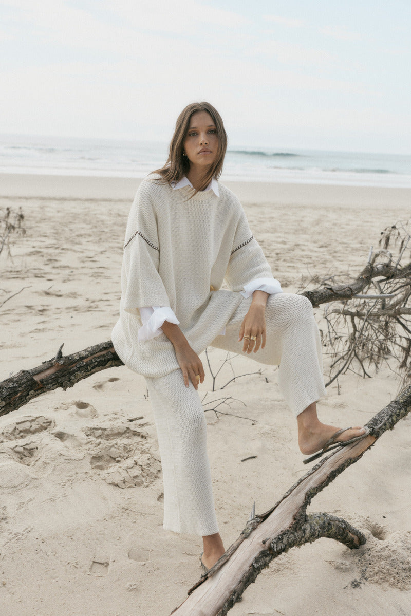 womens cotton cream knit pant front view