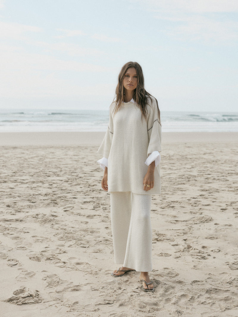 womens cotton cream knit pant front view