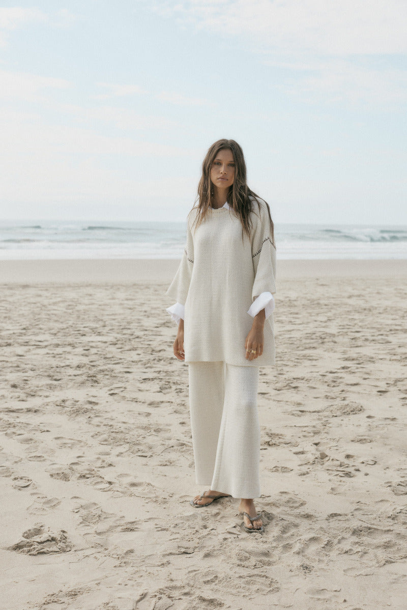 womens cotton cream knit pant front view