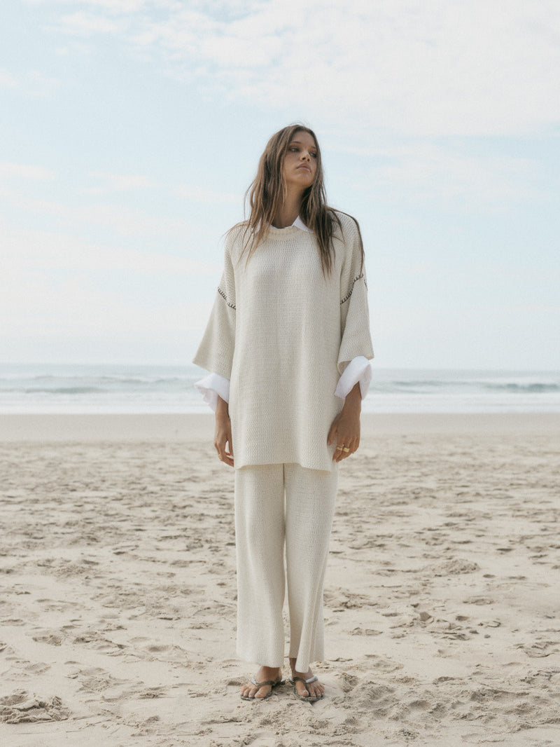 womens cotton cream knit pant front view