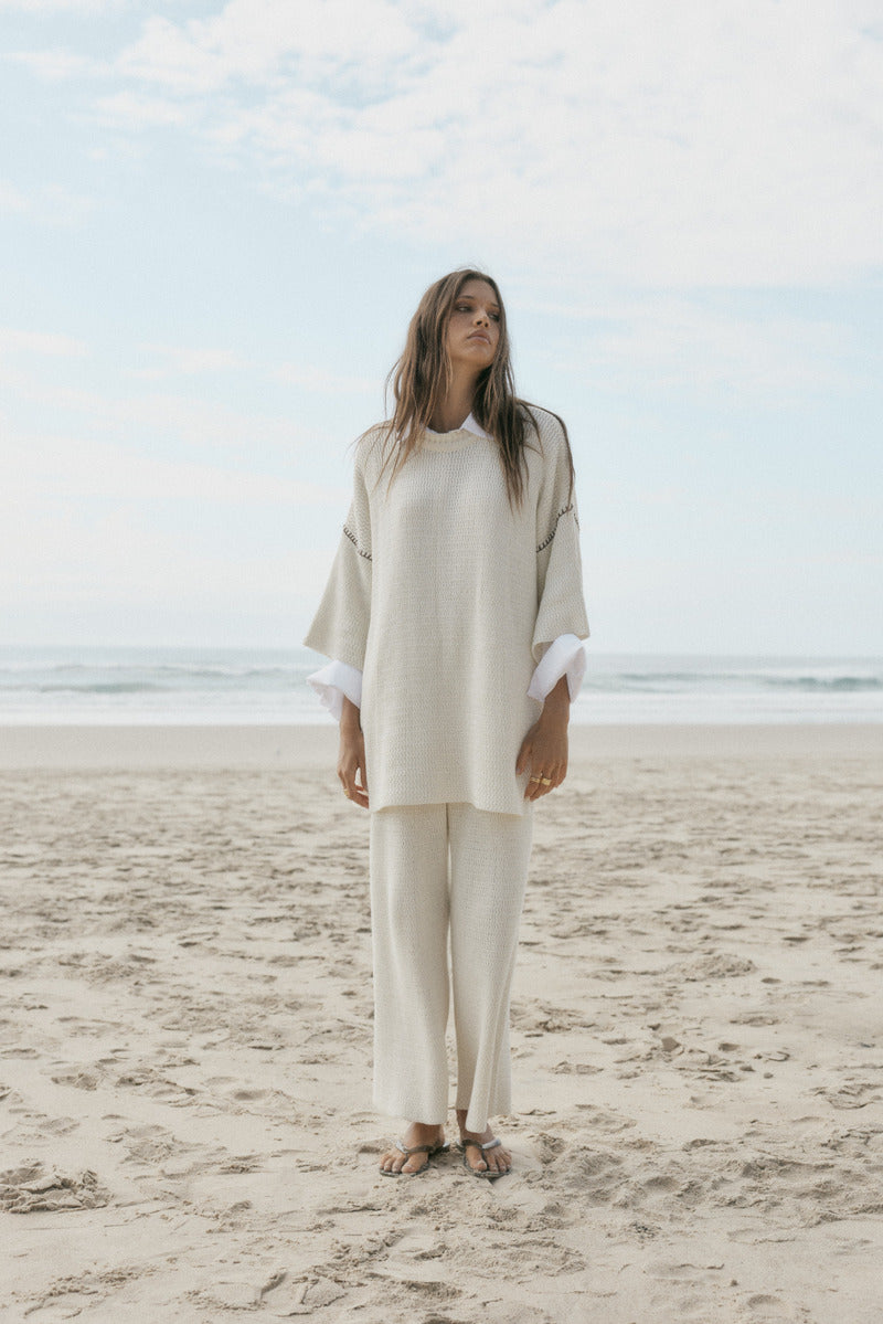 womens cotton cream knit pant front view