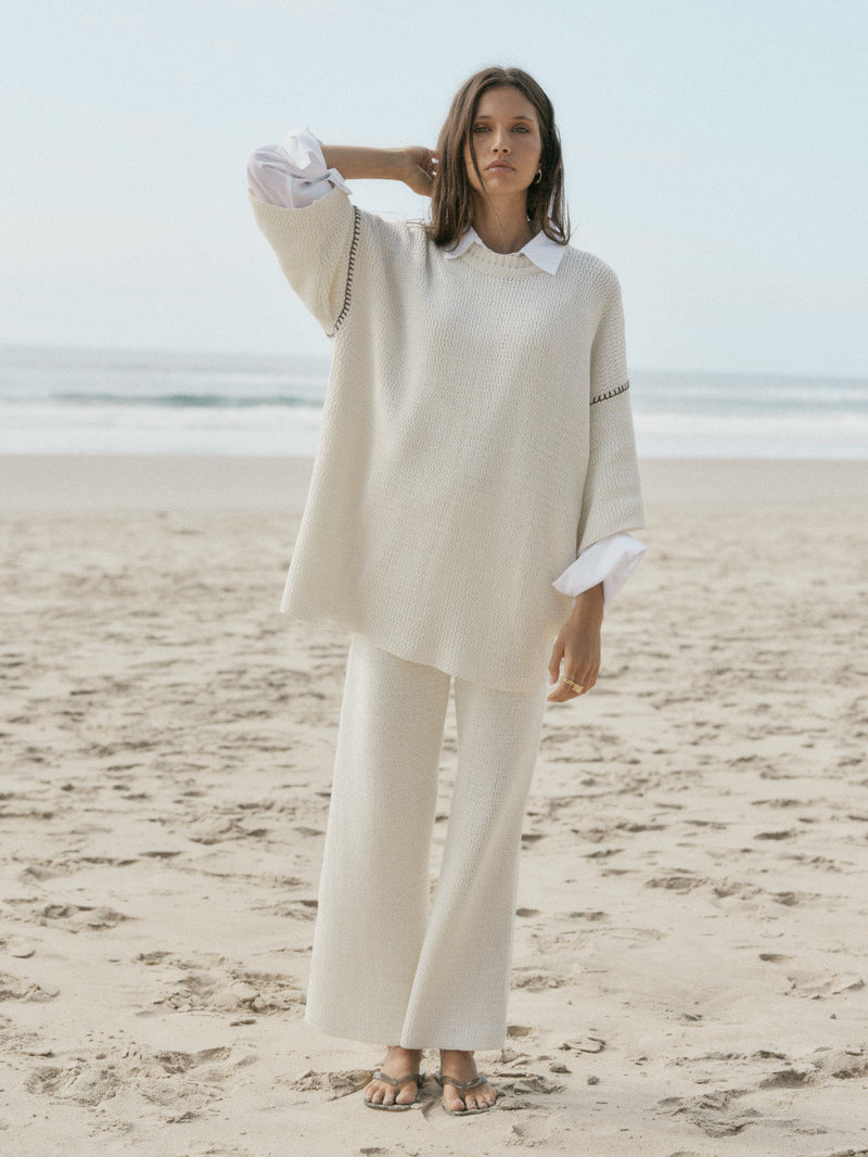womens cotton cream knit pant front view