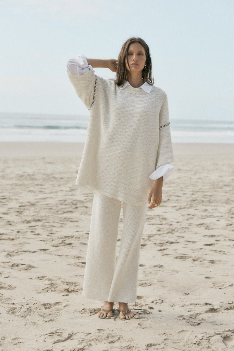 womens cotton cream knit pant front view
