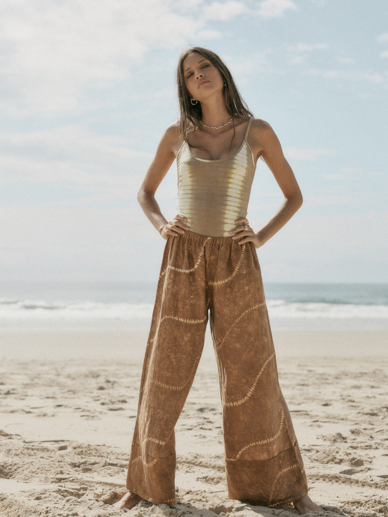 Womens cotton taupe tie dye bodysuit with pant set front view