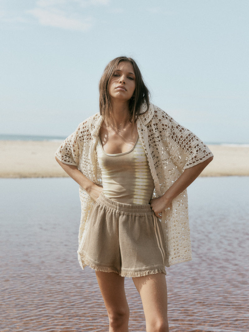 womens cream cotton crochet shirt front view