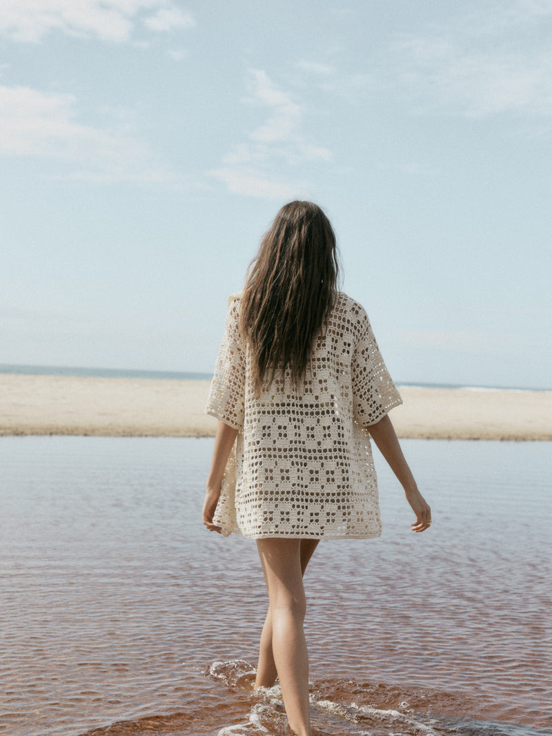 womens cream cotton crochet shirt back view